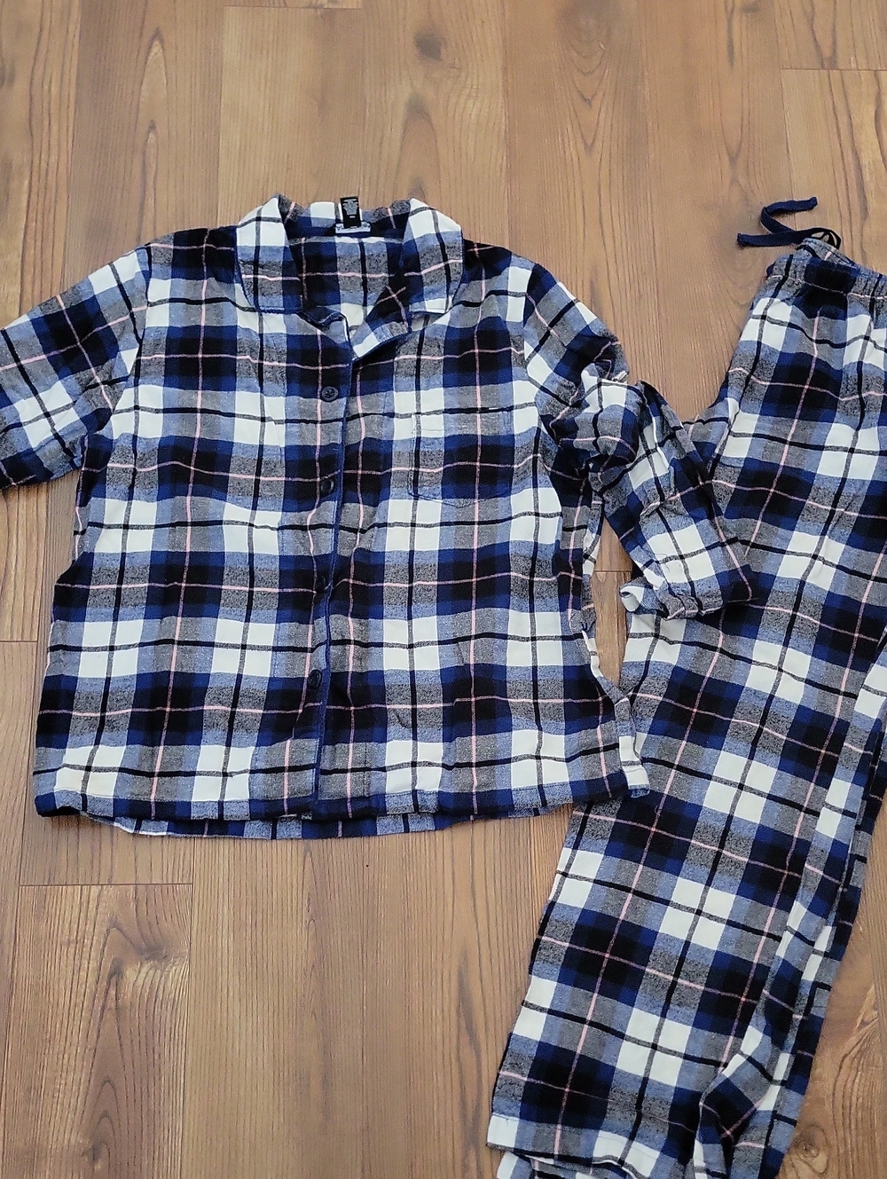 Ambrielle Navy, White & Black Plaid Womens Pajama Set with Subtle Pink Lines